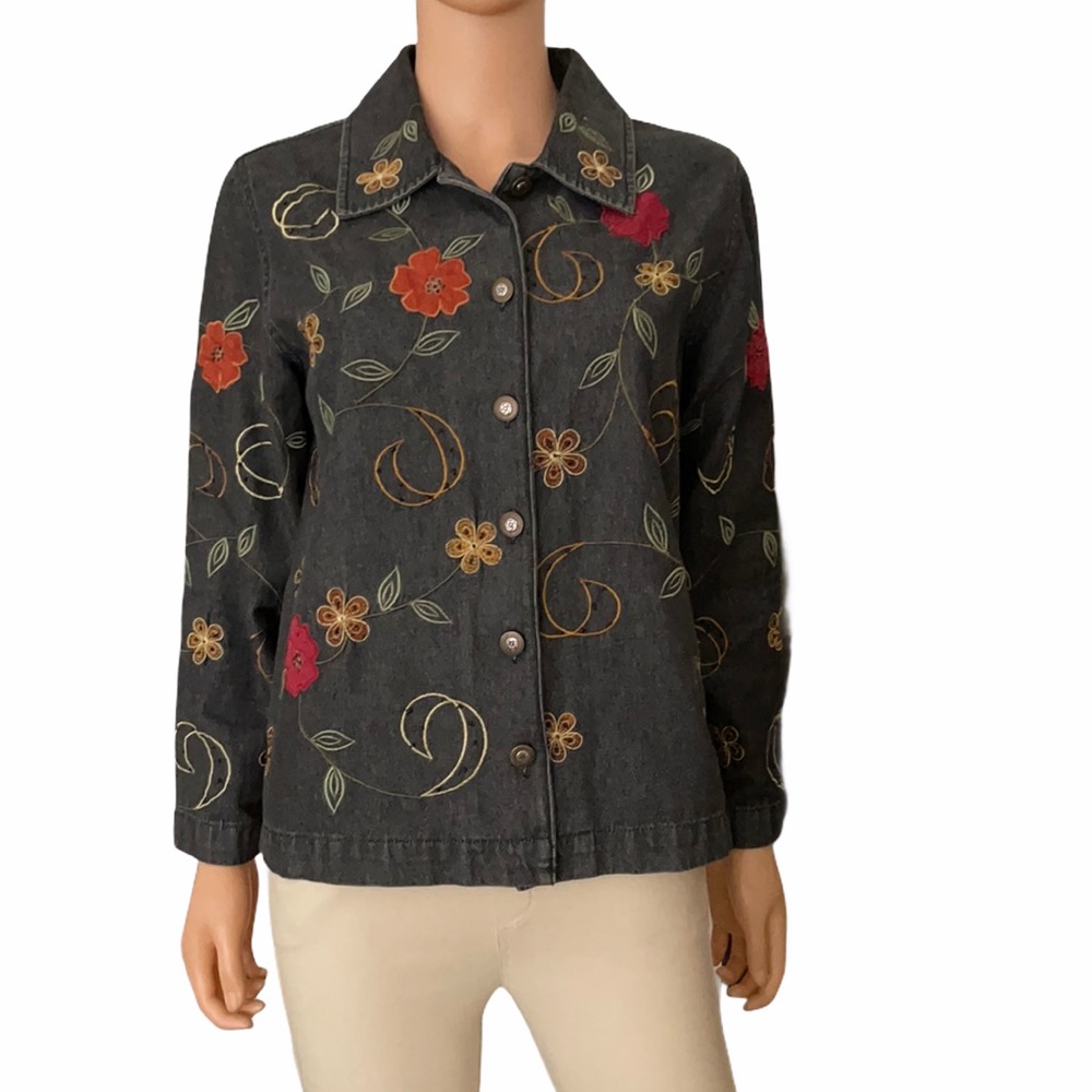NWOT Parisian Works Vintage Dark Denim Jacquard Floral Jacket 100% Cotton